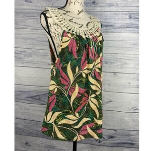 Amana Tank Top Womens L Lace Neck Tropical Leaf Textured Stretch Round Neck